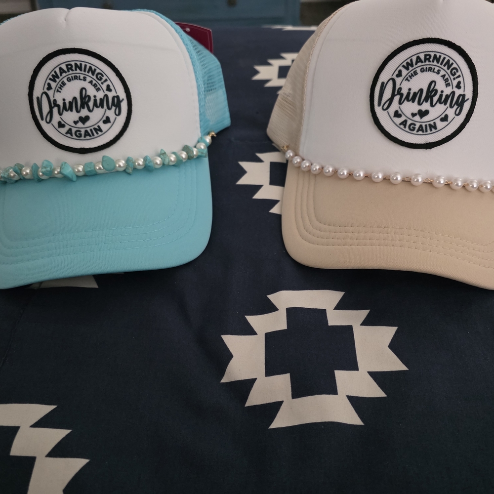 Kids Pearl-Embellished Caps - Blue & Tan